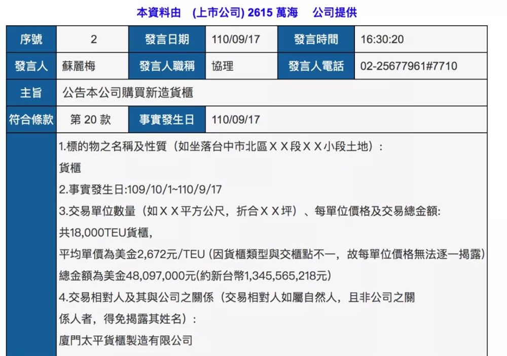 万海航运还向厦门太平货柜制造有限公司订造集装箱18000TEU