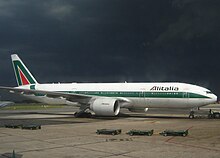 Alitalia Boeing 777-200ER at Ezeiza Airport, Argentina, during a severe thunderstorm. (2006)