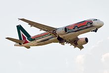 An Alitalia A320-200, registered as EI-DSW, in the Jeep Renegade livery.