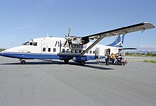 A Pacific Coastal Airlines Shorts 360 on the ground at Bella Bella, British Columbia